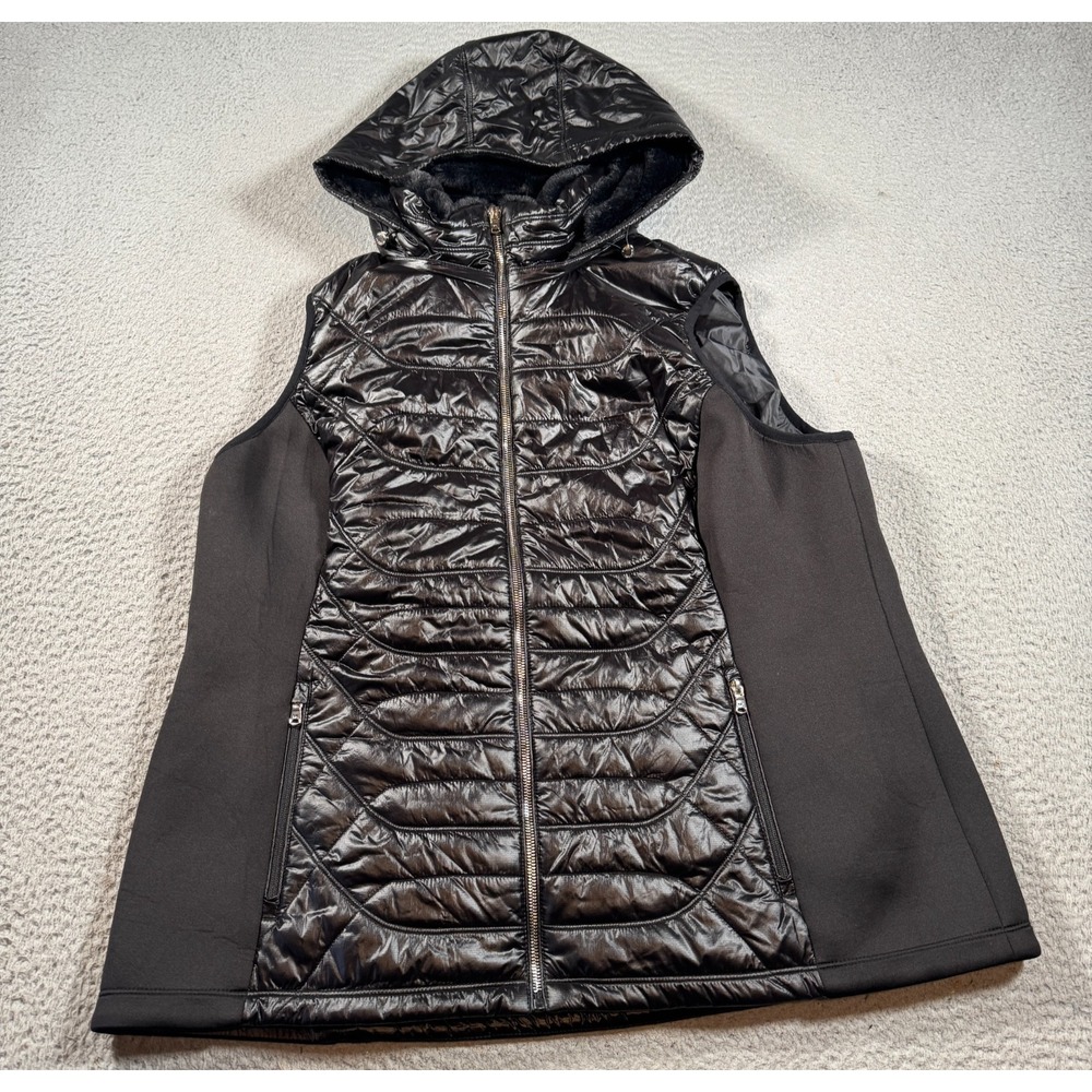 Michael Kors Quilted Puffer Vest Womens Medium Black‎ Removable Hood Full Zip